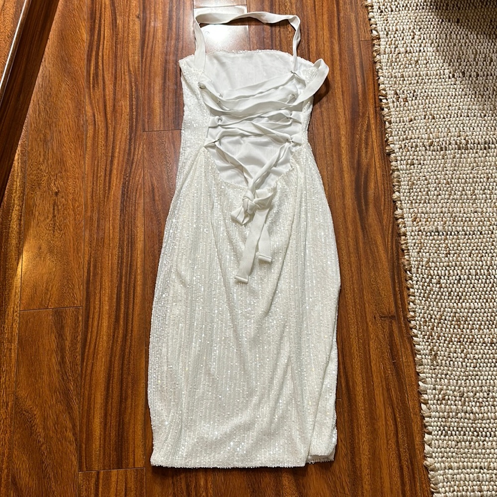 White corset back midi sequin dress